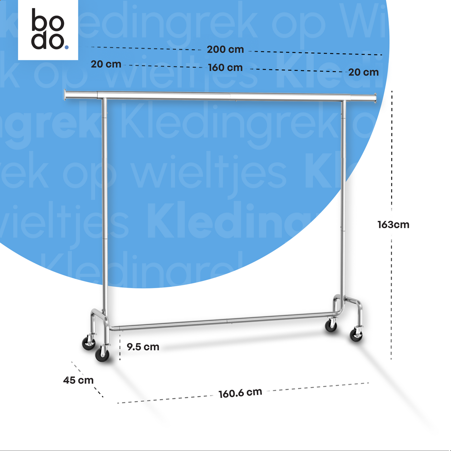 Kledingrek op Wieltjes – Extra Breed – Stalen Kledingstang – Zilver – Bodo