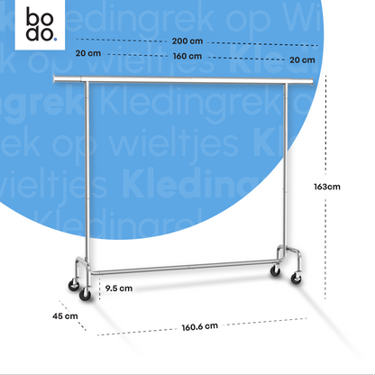 Kledingrek op Wieltjes – Extra Breed – Stalen Kledingstang – Zilver – Bodo