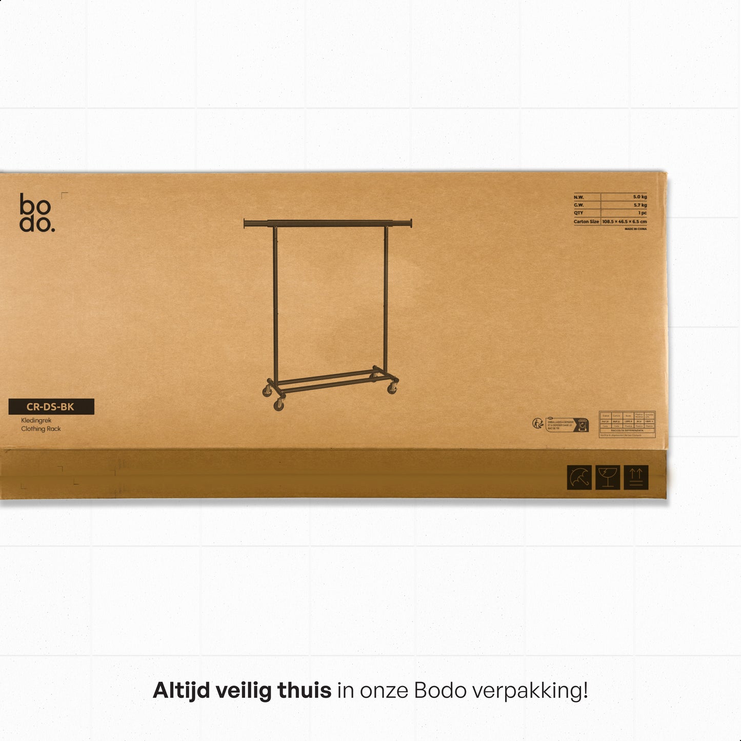 Kledingrek op Wieltjes – Stalen Kledingstang - Opbergruimte – Zwart – Bodo