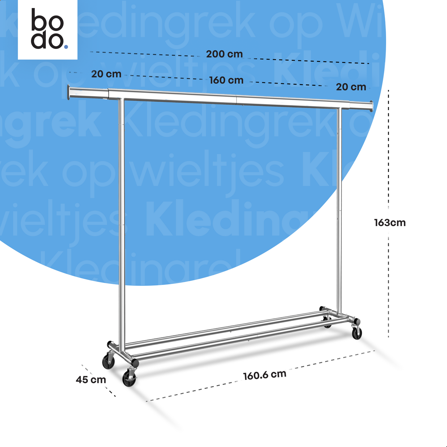 Kledingrek op Wieltjes - Opbergruimte - Extra Brede Kledingstang - Zilver - Bodo