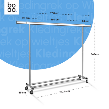 Kledingrek op Wieltjes - Opbergruimte - Extra Brede Kledingstang - Zilver - Bodo