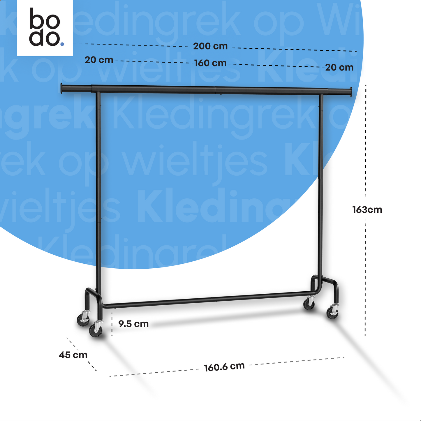Kledingrek op Wieltjes – Extra Breed – Stalen Kledingstang – Zwart – Bodo