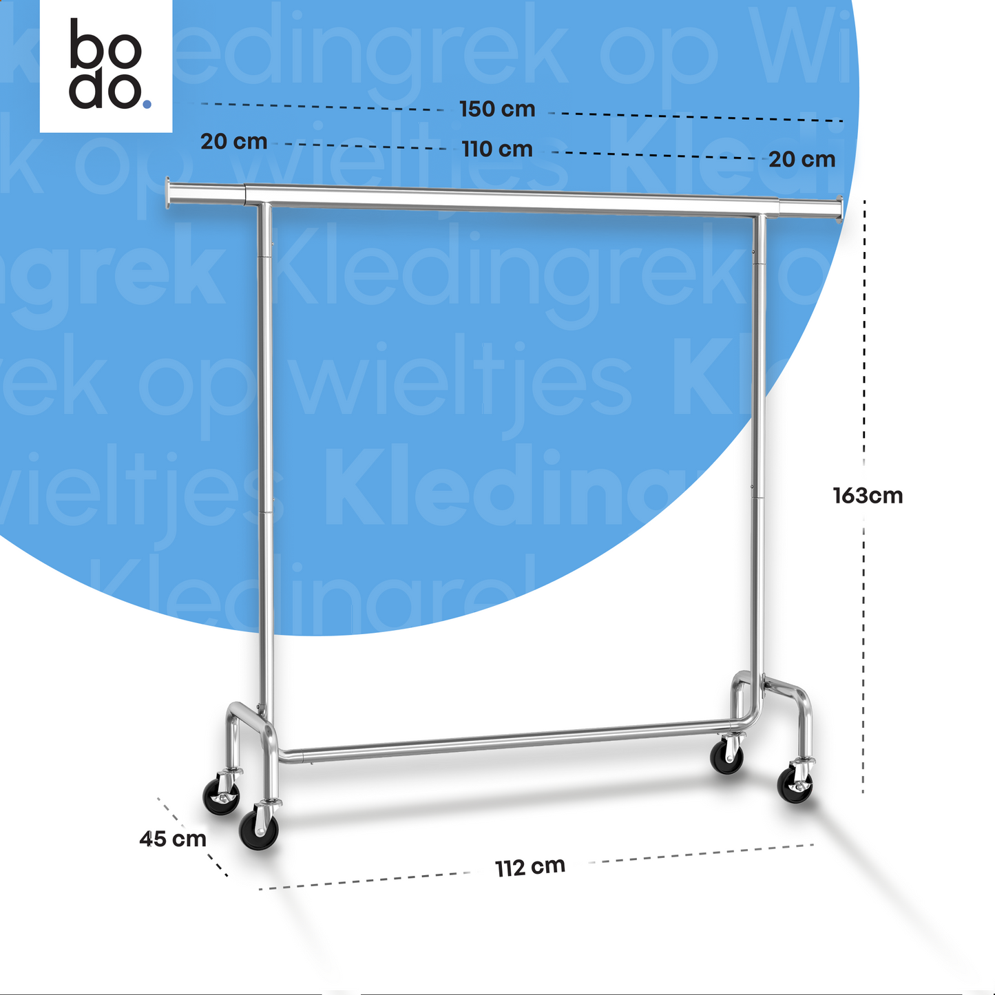 Kledingrek op Wieltjes - Stalen Kledingstang - 130 kg - Zilver - Bodo