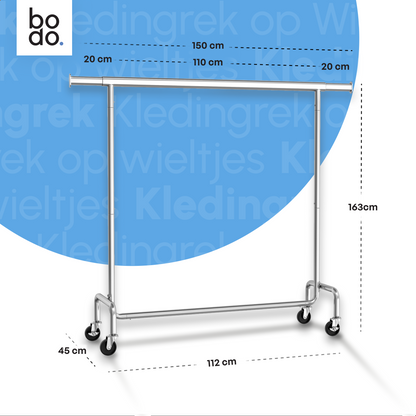 Kledingrek op Wieltjes - Stalen Kledingstang - 130 kg - Zilver - Bodo