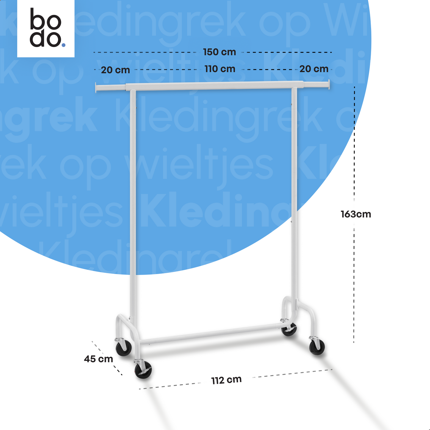 Kledingrek op Wieltjes - Stalen Kledingstang - 130 kg - Wit - Bodo