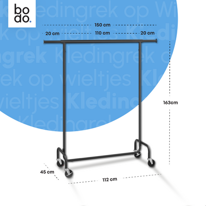 Kledingrek op Wieltjes - Stalen Kledingstang - 130 kg - Zwart - Bodo