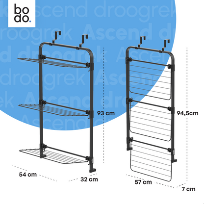Bodo® Droogrek Hangend - 10m - Ophangbaar aan Deur of Wand - Zwart