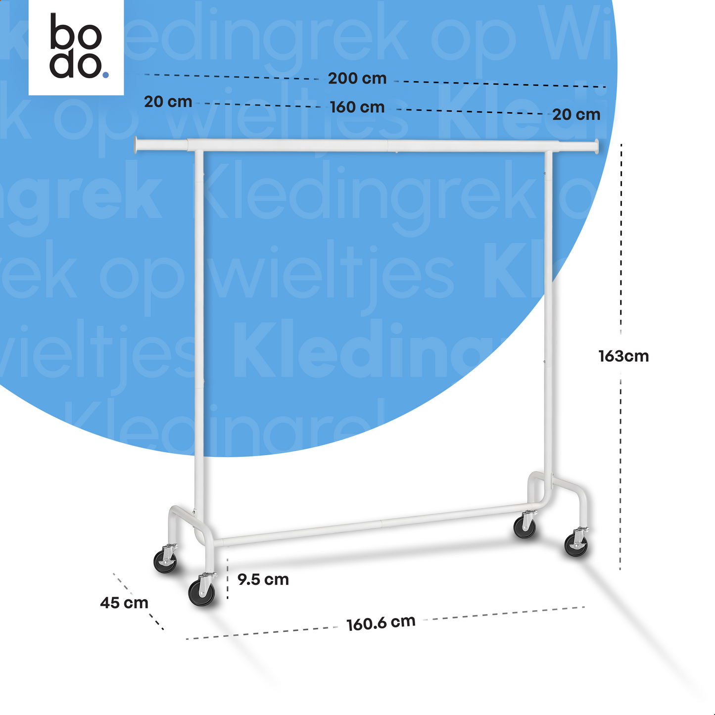 Kledingrek op Wieltjes – Extra Breed – Stalen Kledingstang – Wit – Bodo