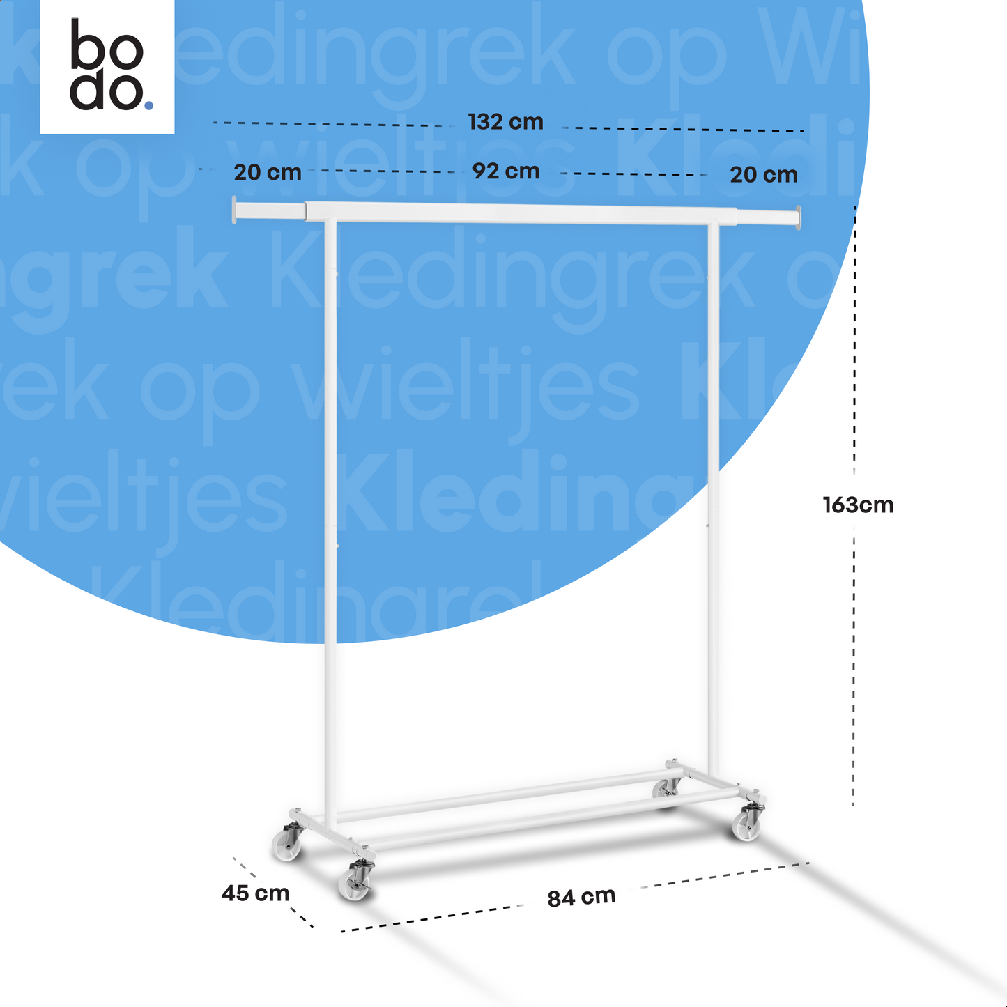 Kledingrek op Wieltjes – Stalen Kledingstang - Opbergruimte – Wit – Bodo