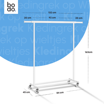 Kledingrek op Wieltjes – Stalen Kledingstang - Opbergruimte – Wit – Bodo