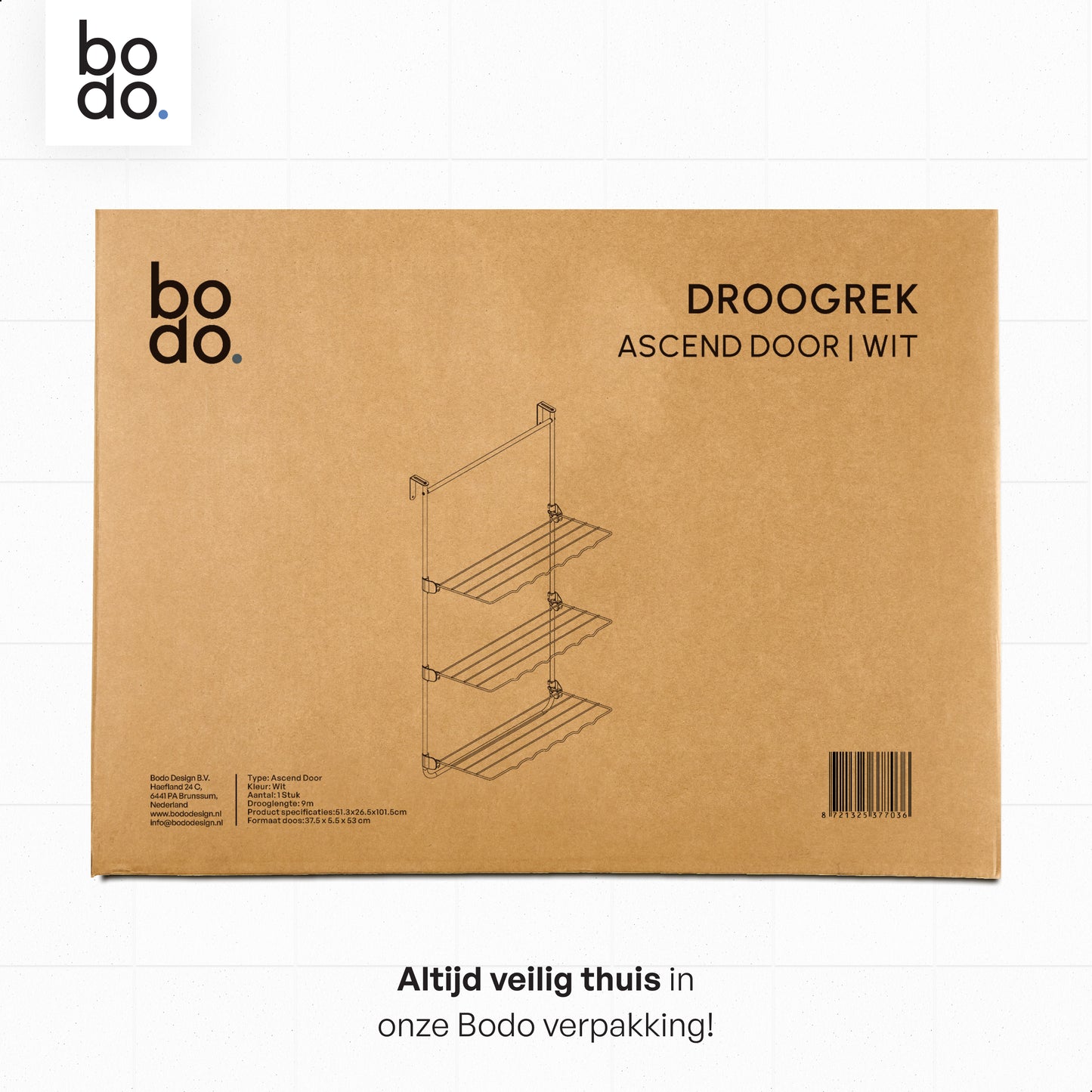 Bodo® Droogrek Hangend - 10m - Ophangbaar aan Deur of Wand - Wit