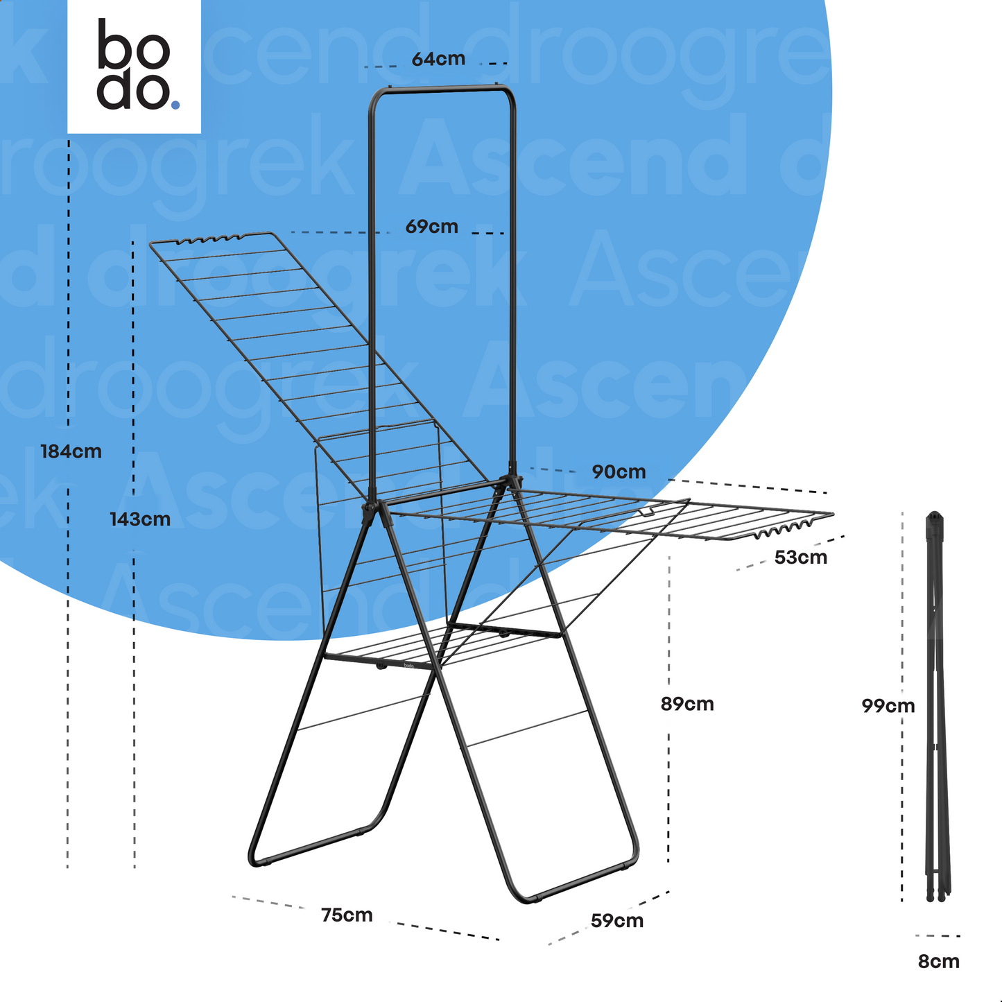 Wasrek - Droogrek Inklapbaar - 28 meter drooglengte - Zwart – Bodo