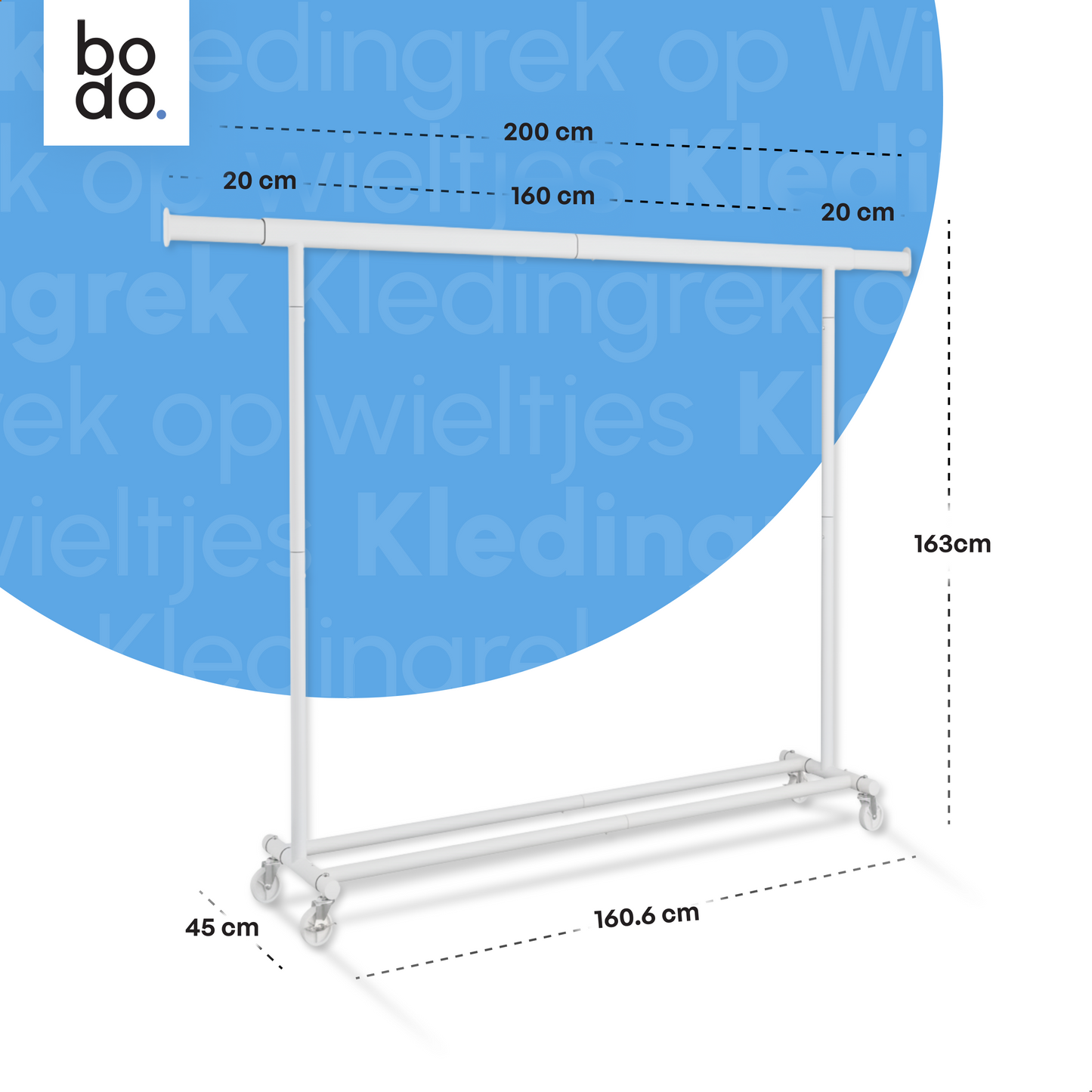 Kledingrek op Wieltjes - Opbergruimte - Extra Brede Kledingstang - Wit - Bodo