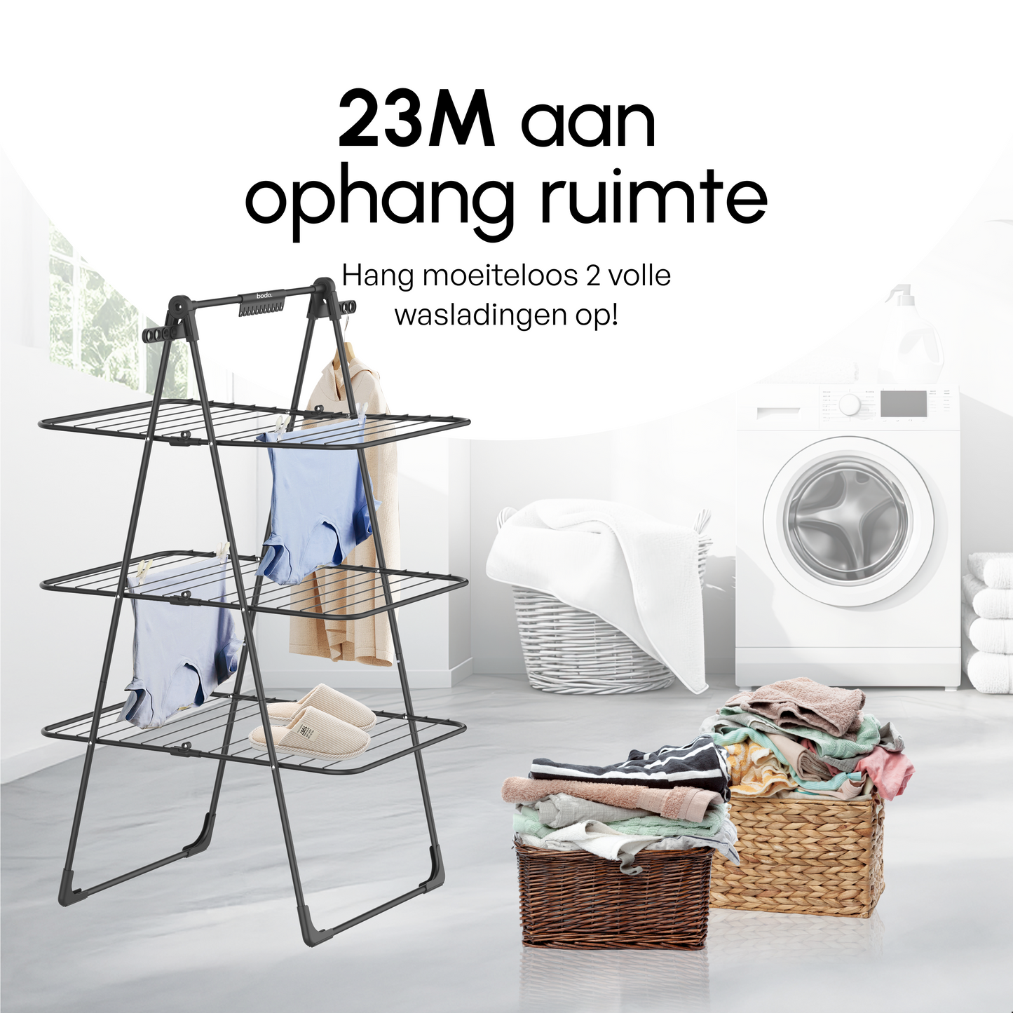 Bodo® Inklapbare Droogtoren – Staand Wasrek met 3 Niveaus - Zwart