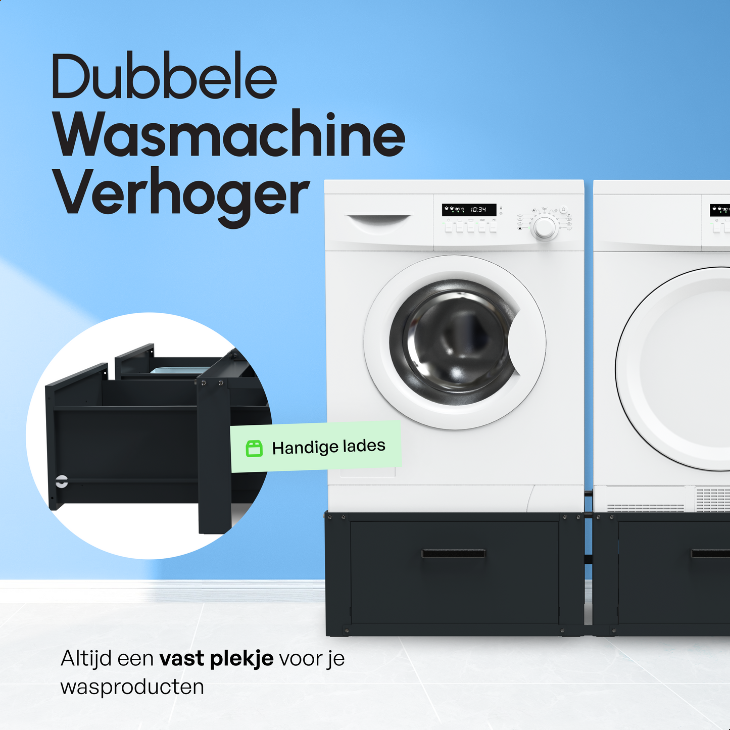 Bodo® - Wasmachine Verhoger - Dubbele Wasmachine Verhoger Met Opberglade - Wasmachine opbouwmeubel - Wasmachine Sokkel - Universeel - Zwart