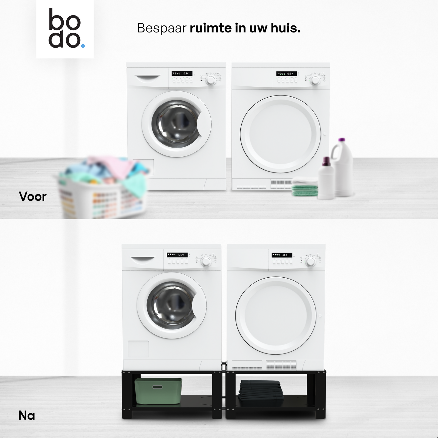 Bodo® - Wasmachine Verhoger - Dubbele Wasmachine Verhoger Met Legplank - Wasmachine opbouwmeubel - Wasmachine Sokkel - Universeel - Zwart
