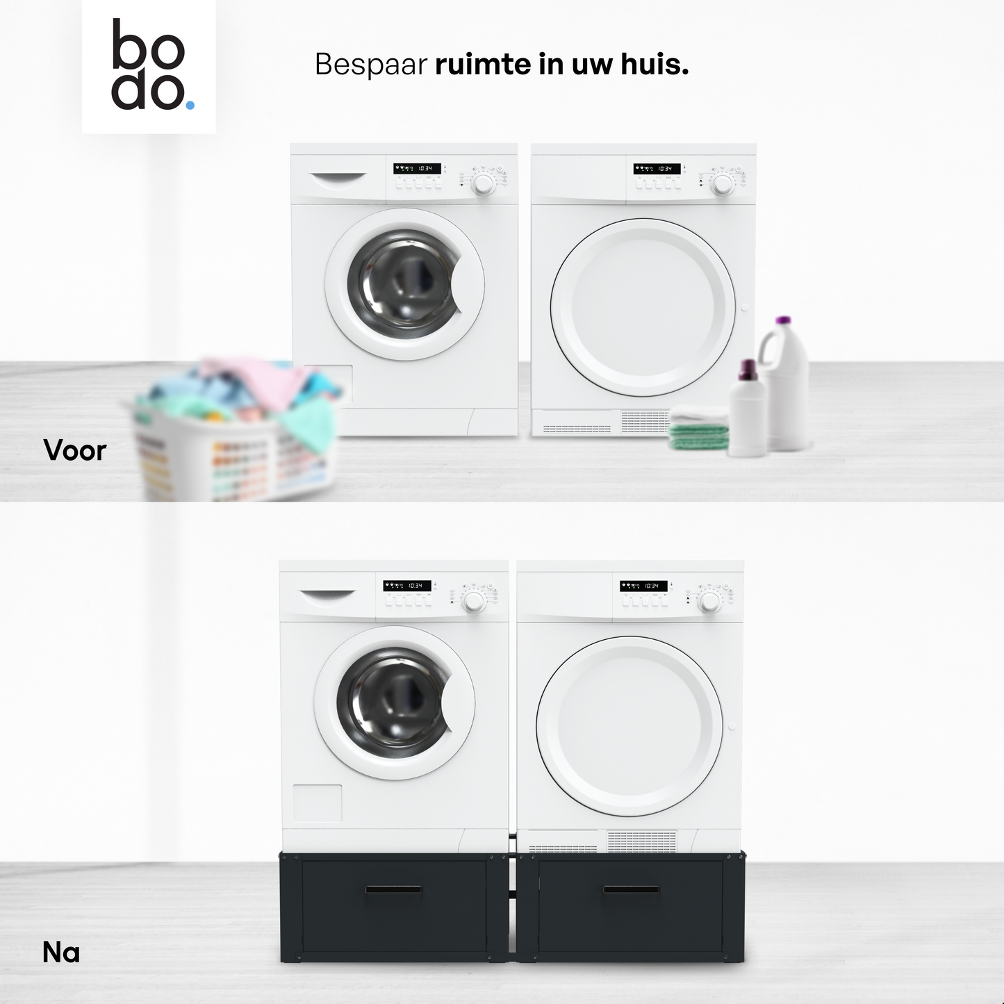Bodo® - Wasmachine Verhoger - Dubbele Wasmachine Verhoger Met Opberglade - Wasmachine opbouwmeubel - Wasmachine Sokkel - Universeel - Zwart