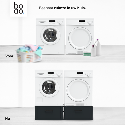 Bodo® - Wasmachine Verhoger - Dubbele Wasmachine Verhoger Met Opberglade - Wasmachine opbouwmeubel - Wasmachine Sokkel - Universeel - Zwart