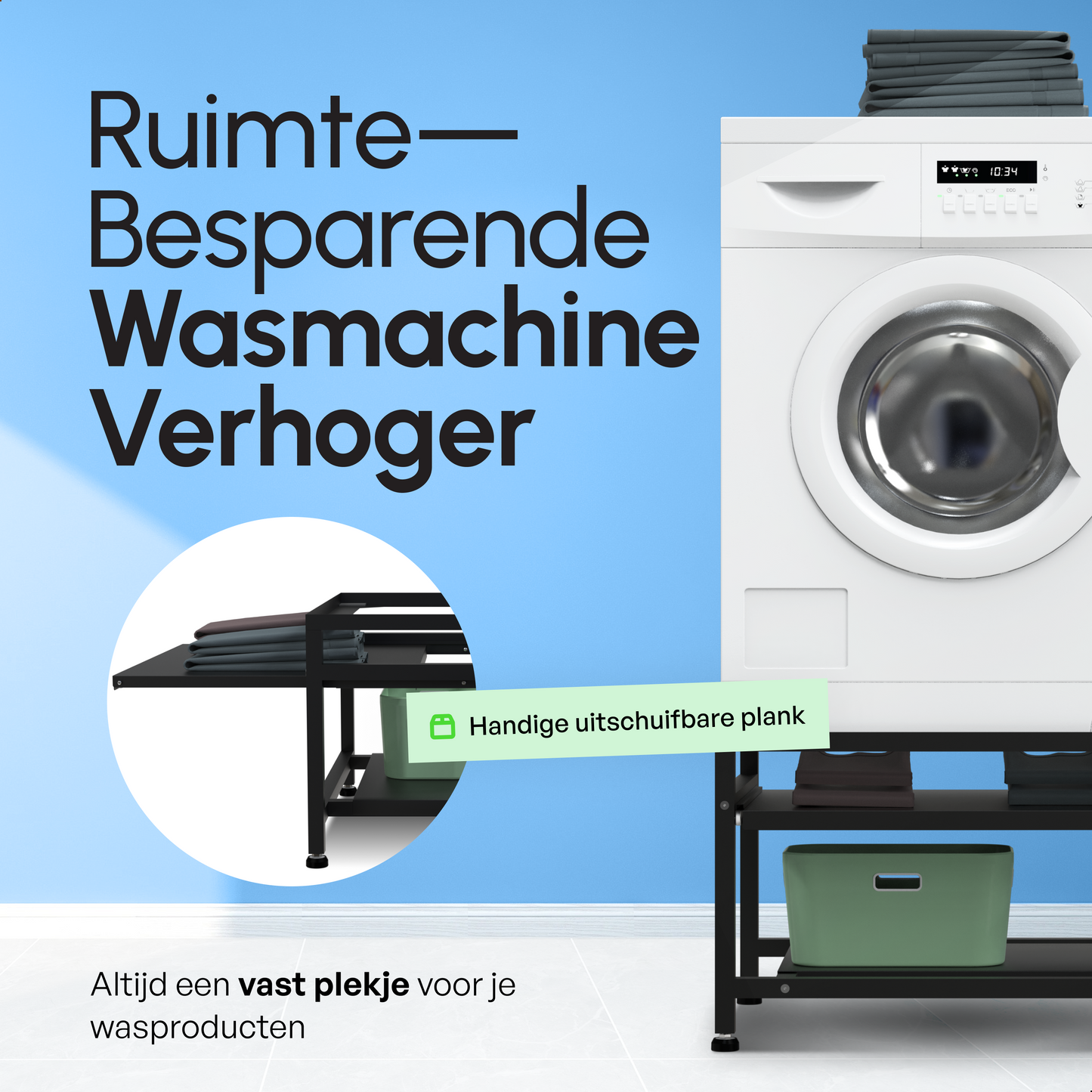 Bodo® - Wasmachine Verhoger - Wasmachine Verhoger Met Uitschuifbare plank - Wasmachine opbouwmeubel - Wasmachine Sokkel - Universeel - Zwart