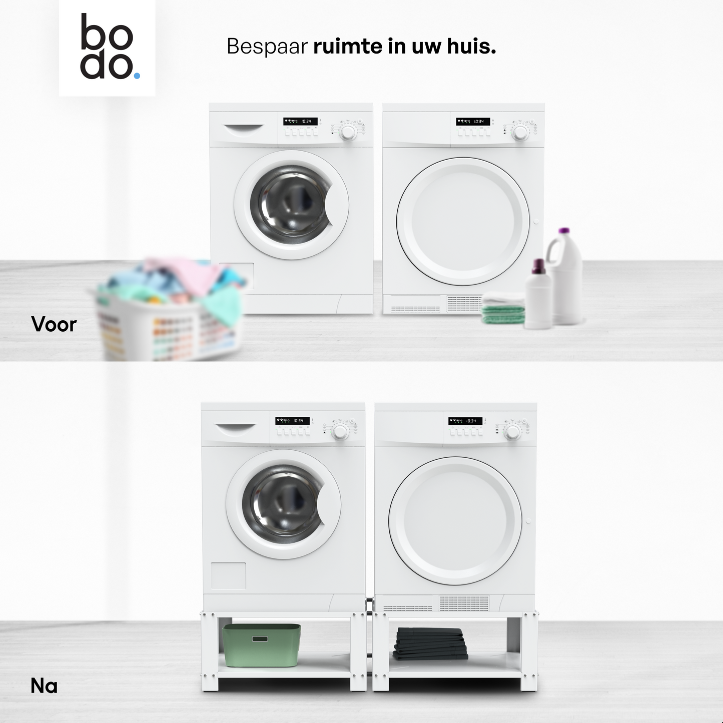 Bodo® - Wasmachine Verhoger - Dubbele Wasmachine Verhoger Met Legplank - Wasmachine opbouwmeubel - Wasmachine Sokkel - Universeel - Wit