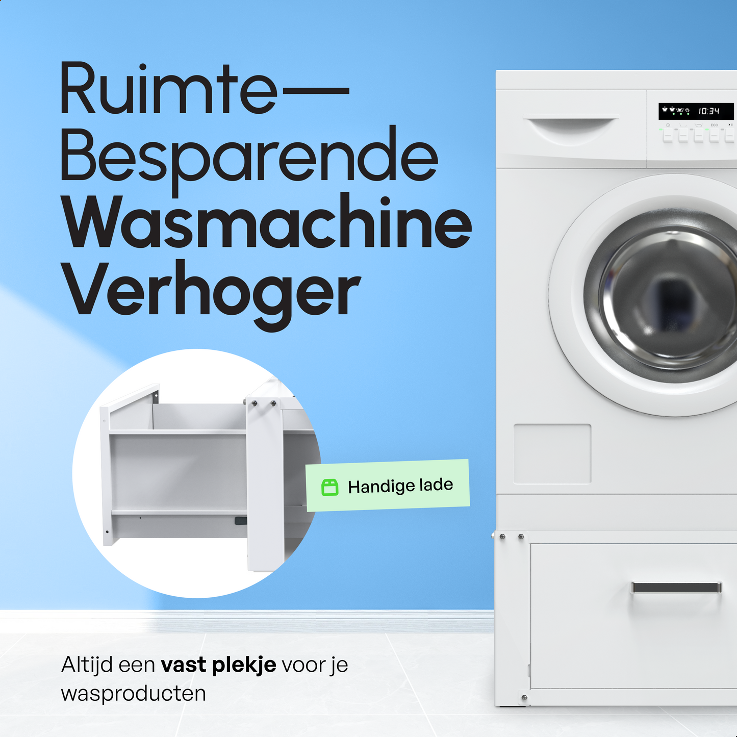Bodo® - Wasmachine Verhoger - Wasmachine Verhoger Met Opberglade - Wasmachine opbouwmeubel - Wasmachine Sokkel - Universeel - Wit