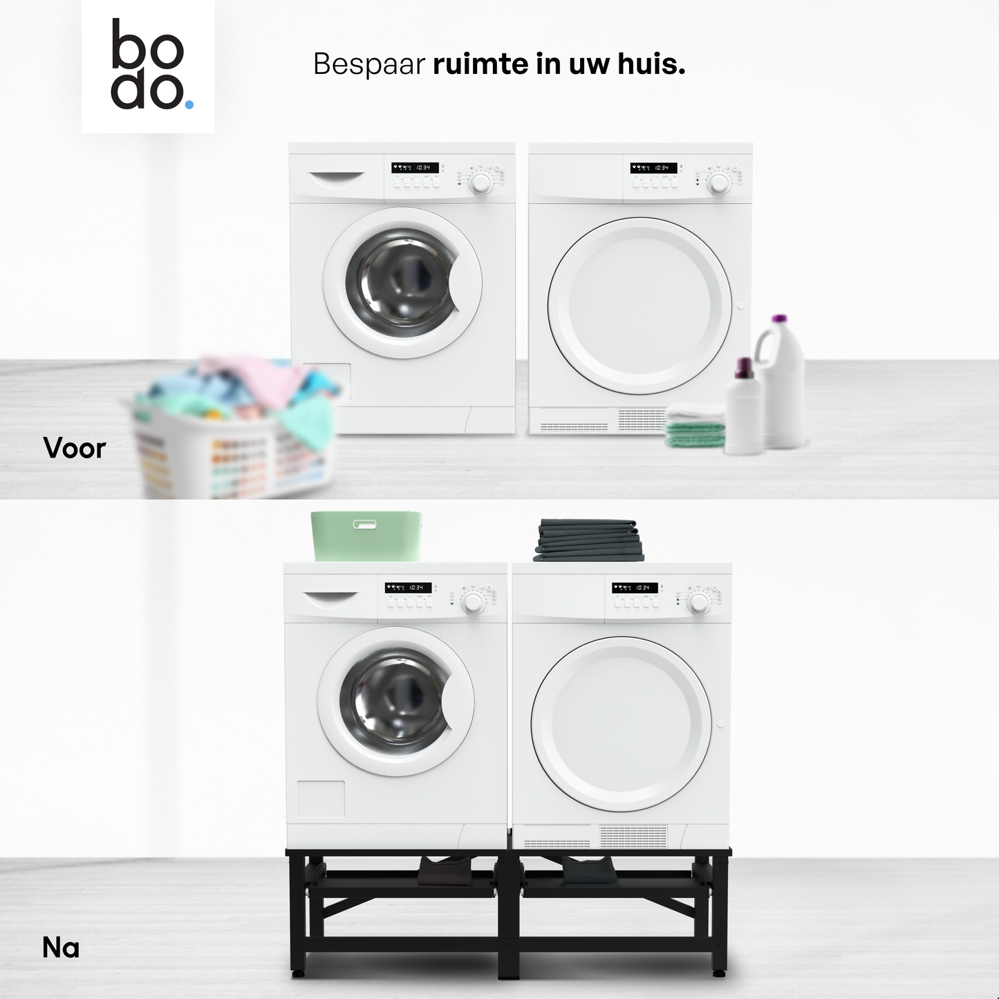 Bodo® - Wasmachine Verhoger - Dubbele Wasmachine Verhoger Met Uitschuifbare plank - Wasmachine opbouwmeubel - Wasmachine Sokkel - Universeel - Zwart