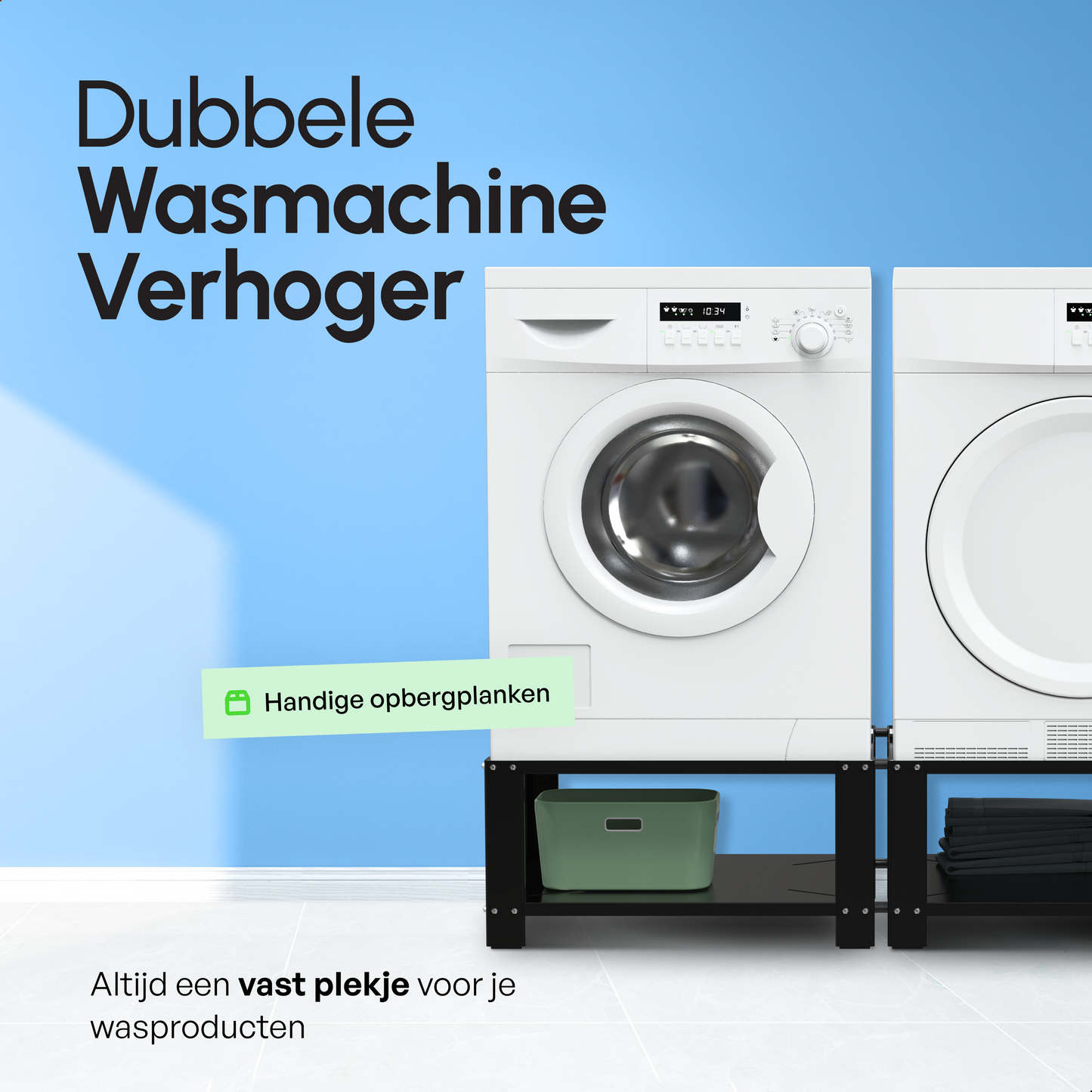 Bodo® - Wasmachine Verhoger - Dubbele Wasmachine Verhoger Met Legplank - Wasmachine opbouwmeubel - Wasmachine Sokkel - Universeel - Zwart