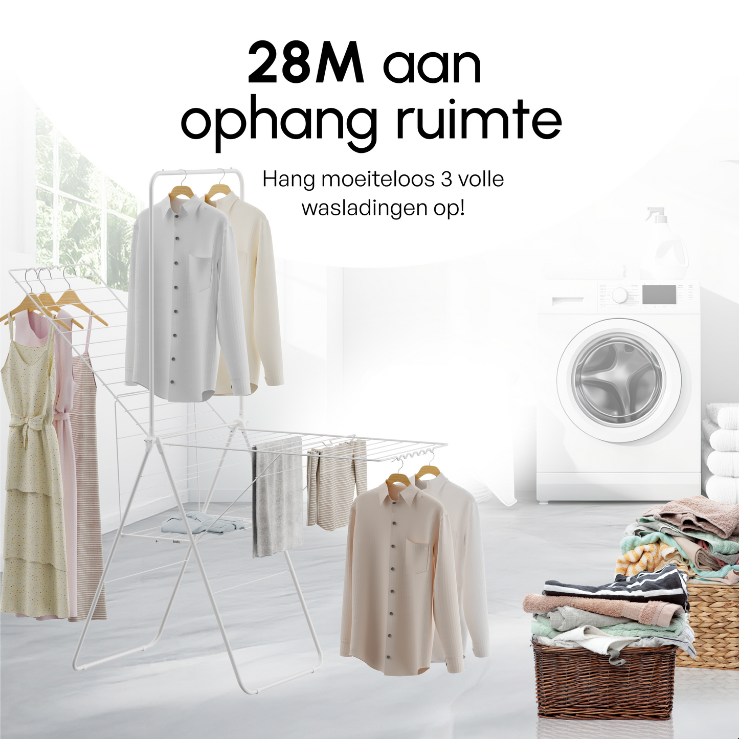 Wasrek - Droogrek Inklapbaar - 28 meter drooglengte - Wit – Bodo