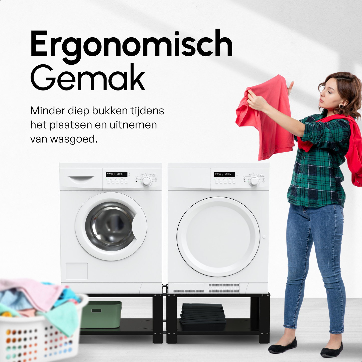 Bodo® - Wasmachine Verhoger - Dubbele Wasmachine Verhoger Met Legplank - Wasmachine opbouwmeubel - Wasmachine Sokkel - Universeel - Zwart