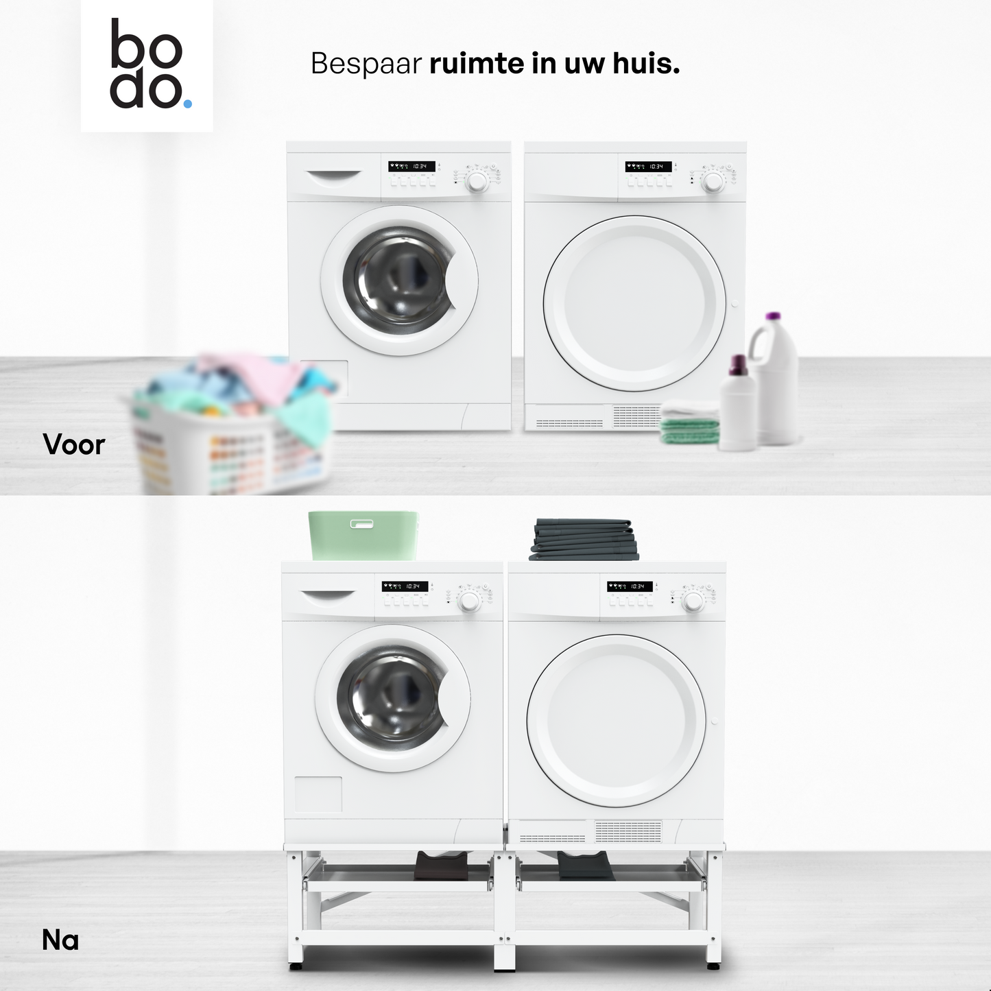Bodo® - Wasmachine Verhoger - Dubbele Wasmachine Verhoger Met Uitschuifbare plank - Wasmachine opbouwmeubel - Wasmachine Sokkel - Universeel - Wit