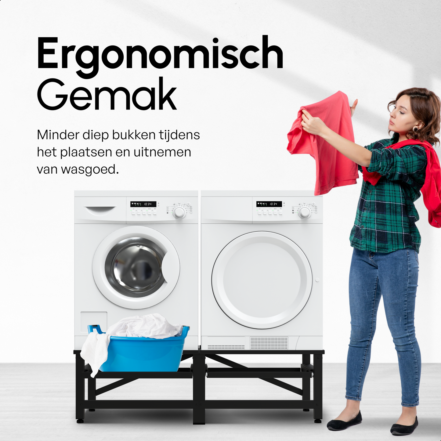 Bodo® - Wasmachine Verhoger - Dubbele Wasmachine Verhoger Met Uitschuifbare plank - Wasmachine opbouwmeubel - Wasmachine Sokkel - Universeel - Zwart