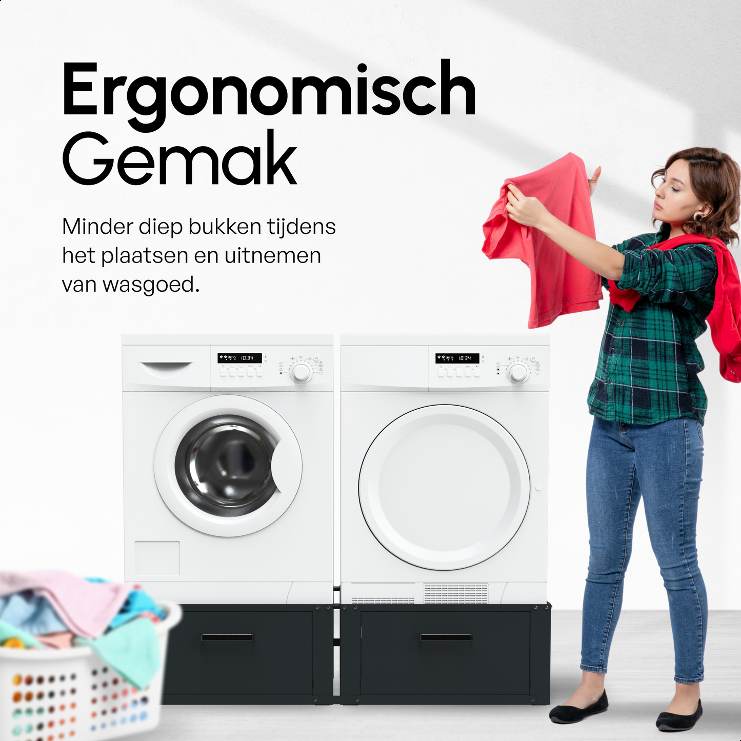 Bodo® - Wasmachine Verhoger - Dubbele Wasmachine Verhoger Met Opberglade - Wasmachine opbouwmeubel - Wasmachine Sokkel - Universeel - Zwart