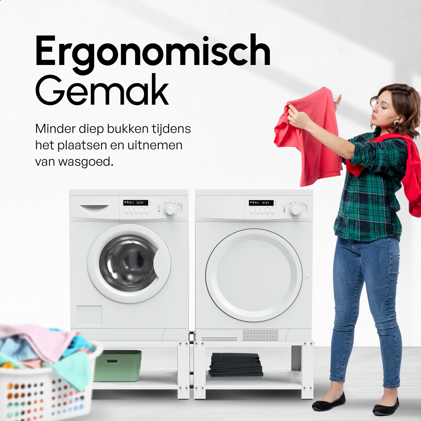 Bodo® - Wasmachine Verhoger - Dubbele Wasmachine Verhoger Met Legplank - Wasmachine opbouwmeubel - Wasmachine Sokkel - Universeel - Wit