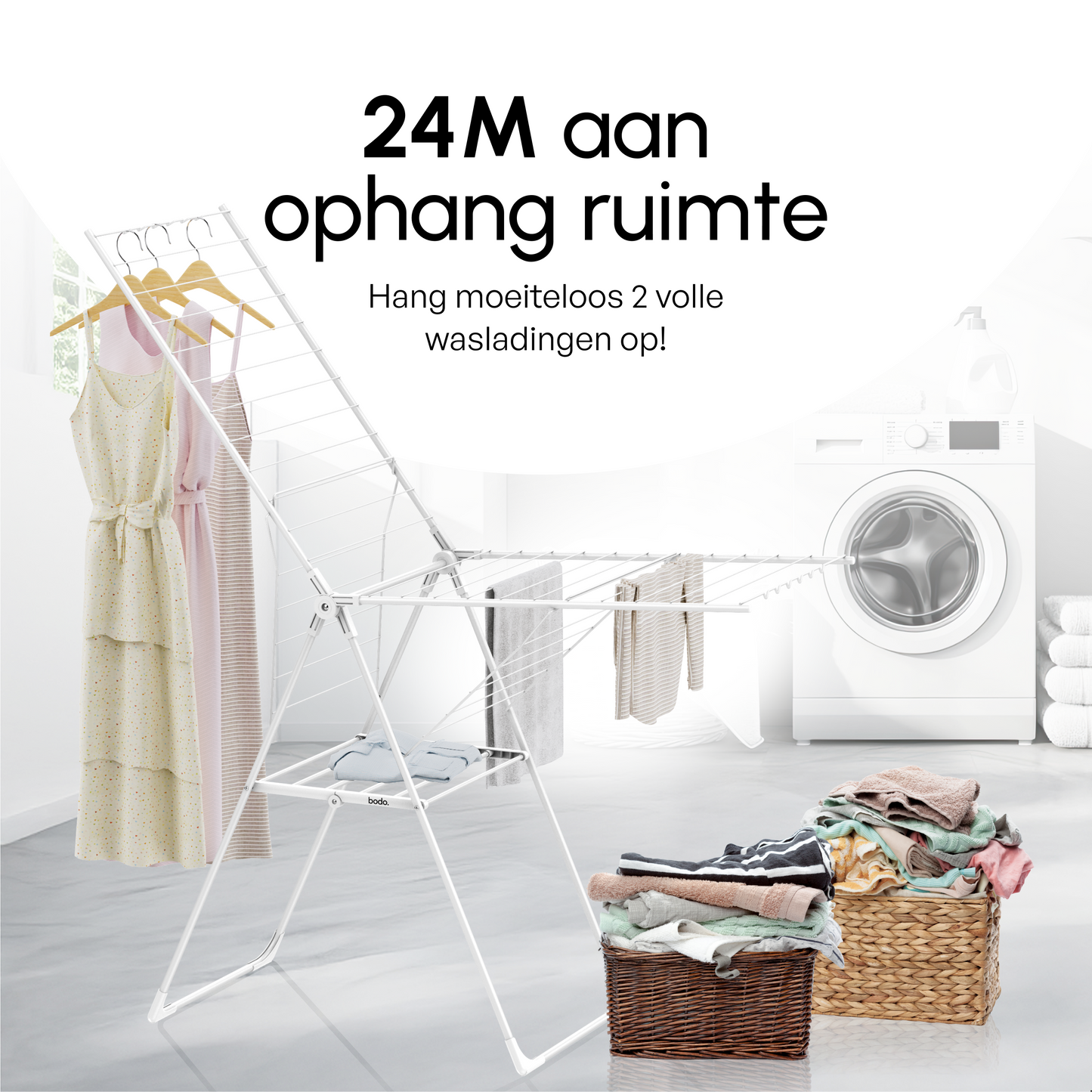 Bodo® Inklapbaar Droogrek met Zijvleugels - 24m Drooglengte - Wit