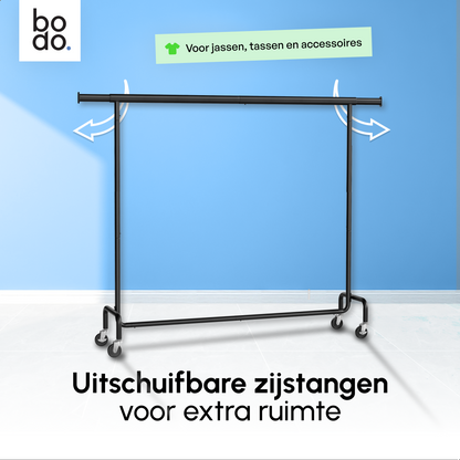Kledingrek op Wieltjes – Extra Breed – Stalen Kledingstang – Zwart – Bodo
