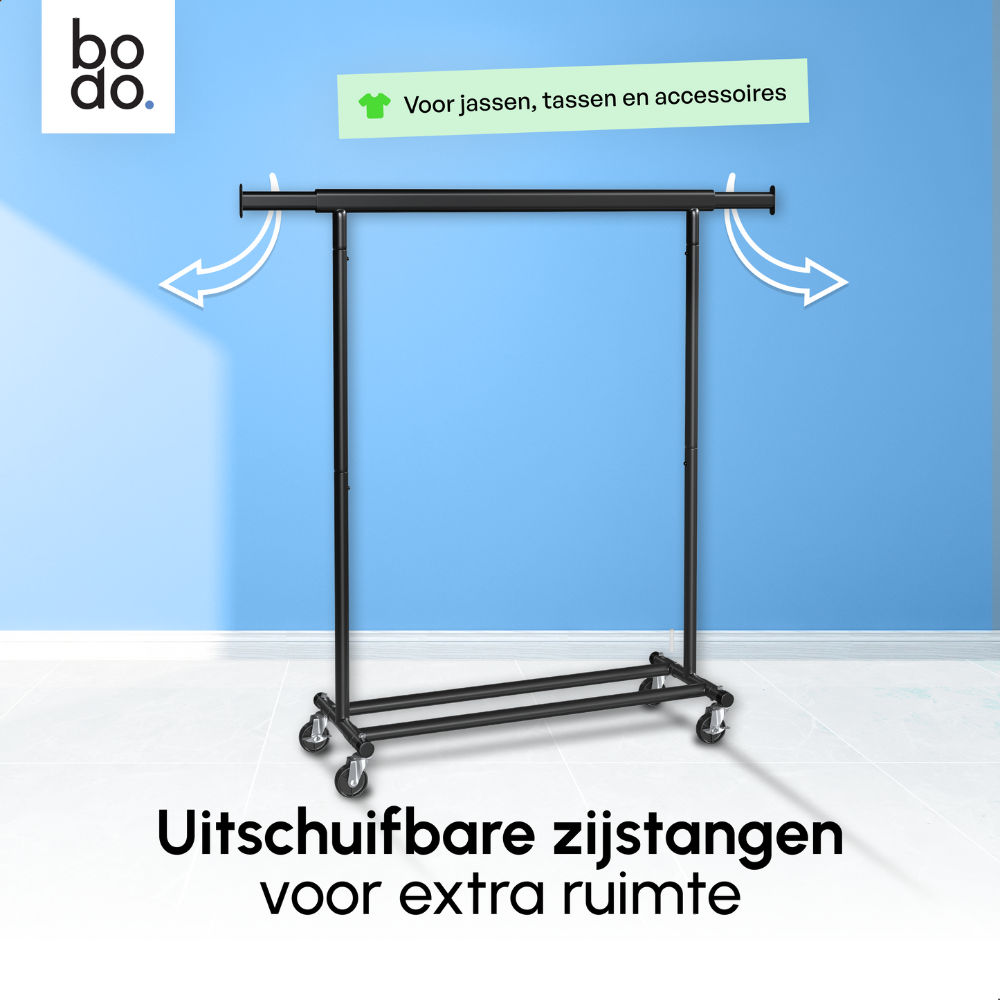 Kledingrek op Wieltjes – Stalen Kledingstang - Opbergruimte – Zwart – Bodo