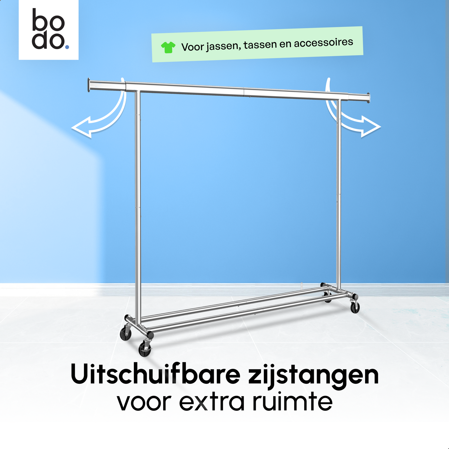 Kledingrek op Wieltjes - Opbergruimte - Extra Brede Kledingstang - Zilver - Bodo