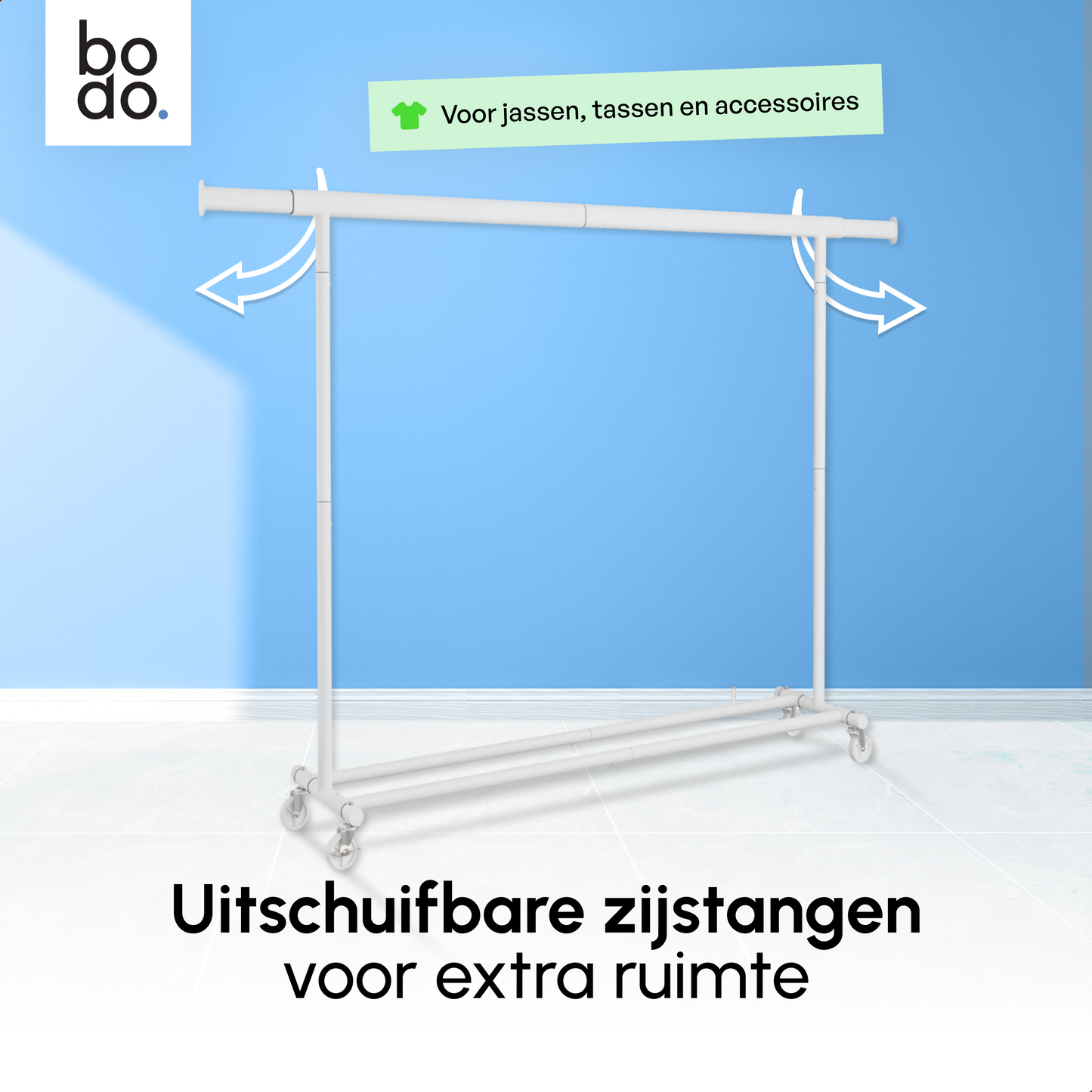 Kledingrek op Wieltjes - Opbergruimte - Extra Brede Kledingstang - Wit - Bodo