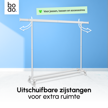 Kledingrek op Wieltjes - Opbergruimte - Extra Brede Kledingstang - Wit - Bodo
