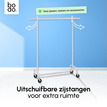 Kledingrek op Wieltjes - Stalen Kledingstang - 130 kg - Wit - Bodo