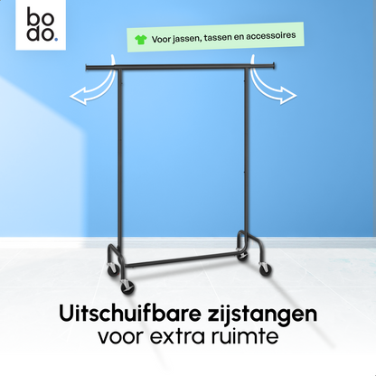 Kledingrek op Wieltjes - Stalen Kledingstang - 130 kg - Zwart - Bodo