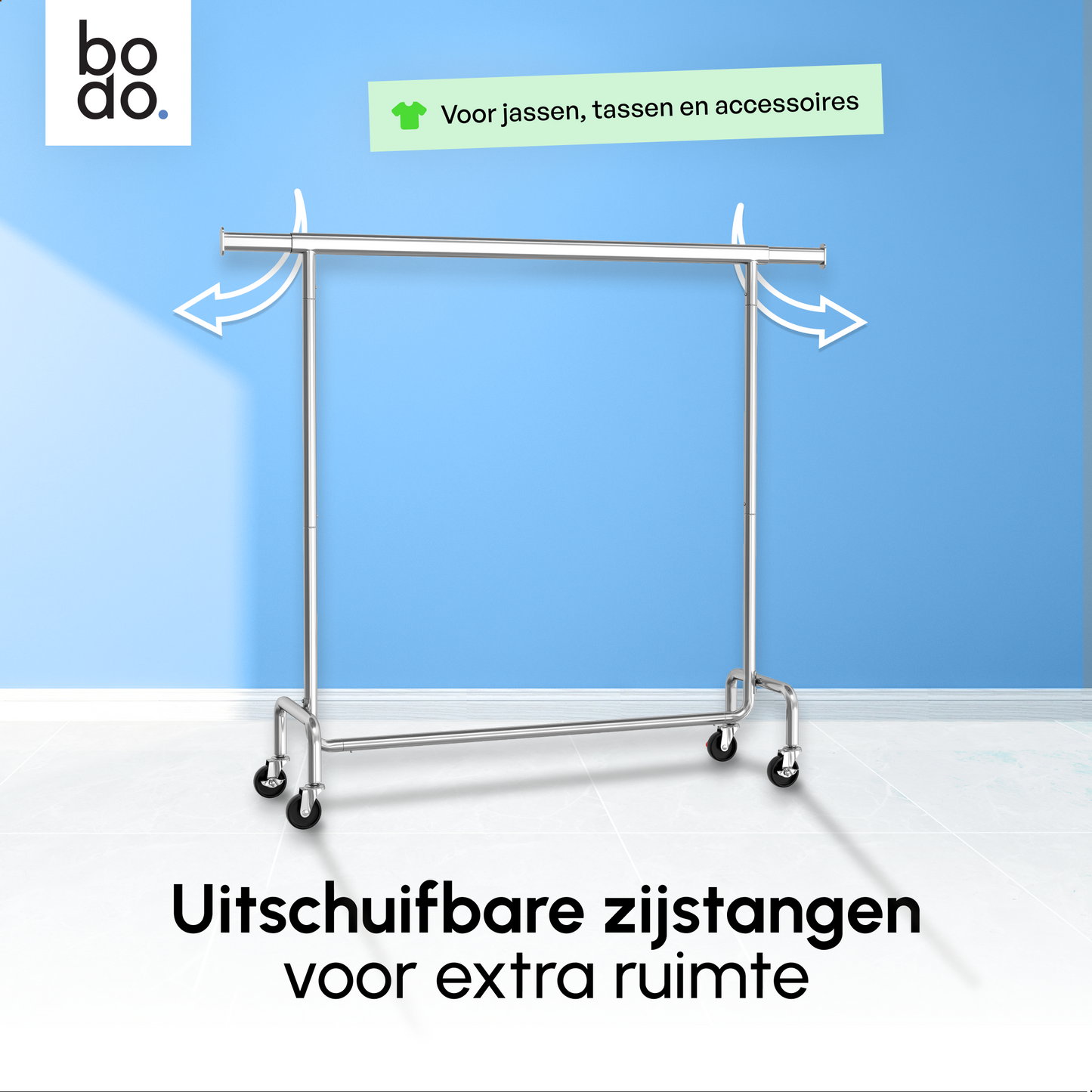 Kledingrek op Wieltjes - Stalen Kledingstang - 130 kg - Zilver - Bodo