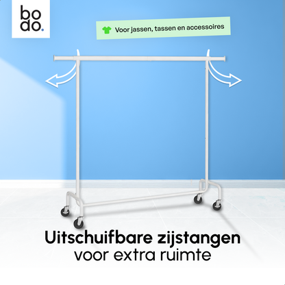 Kledingrek op Wieltjes – Extra Breed – Stalen Kledingstang – Wit – Bodo
