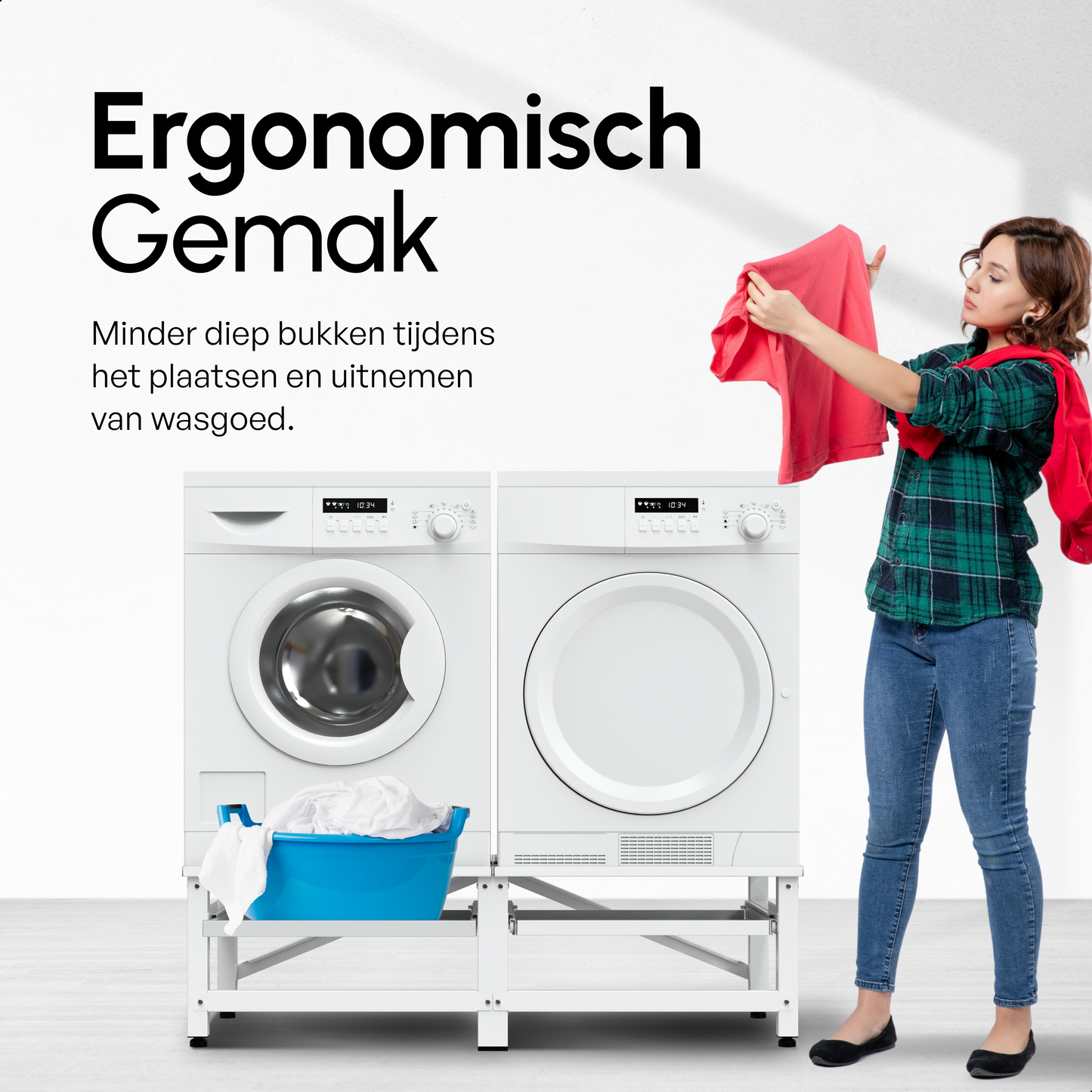 Bodo® - Wasmachine Verhoger - Dubbele Wasmachine Verhoger Met Uitschuifbare plank - Wasmachine opbouwmeubel - Wasmachine Sokkel - Universeel - Wit