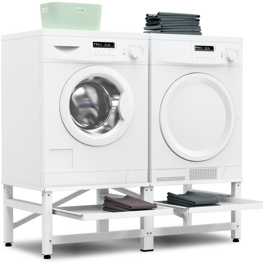 Bodo® - Wasmachine Verhoger - Dubbele Wasmachine Verhoger Met Uitschuifbare plank - Wasmachine opbouwmeubel - Wasmachine Sokkel - Universeel - Wit