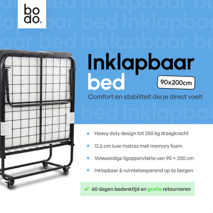 Logeerbed 90×200 met Matras - Vouwbed - Luxe - 250 kg - Zwart - Bodo