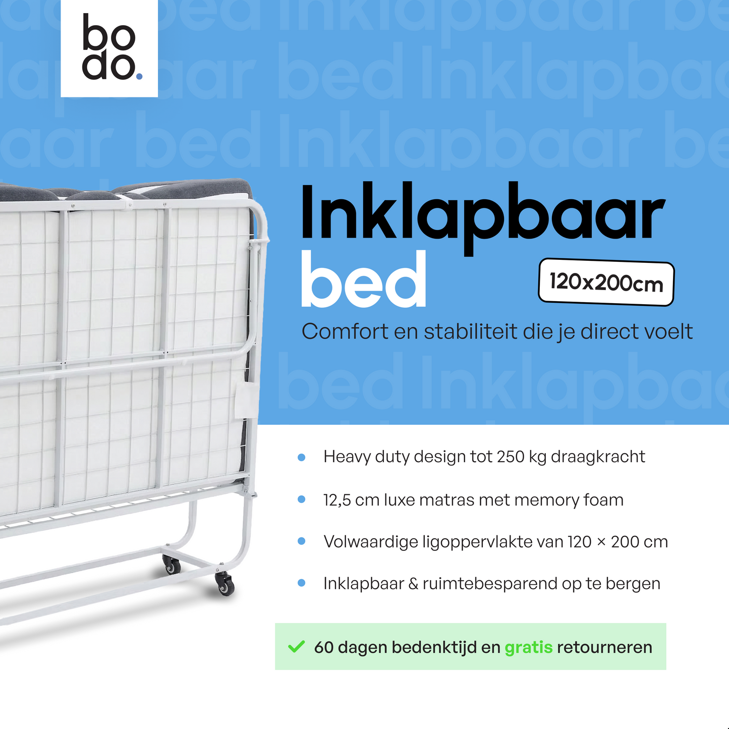 Logeerbed 120×200 met Matras - Vouwbed - Luxe - tot 250 kg - Wit - Bodo