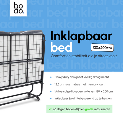 Logeerbed 120×200 met Matras - Vouwbed - Luxe - Tot 250 kg - Zwart - Bodo