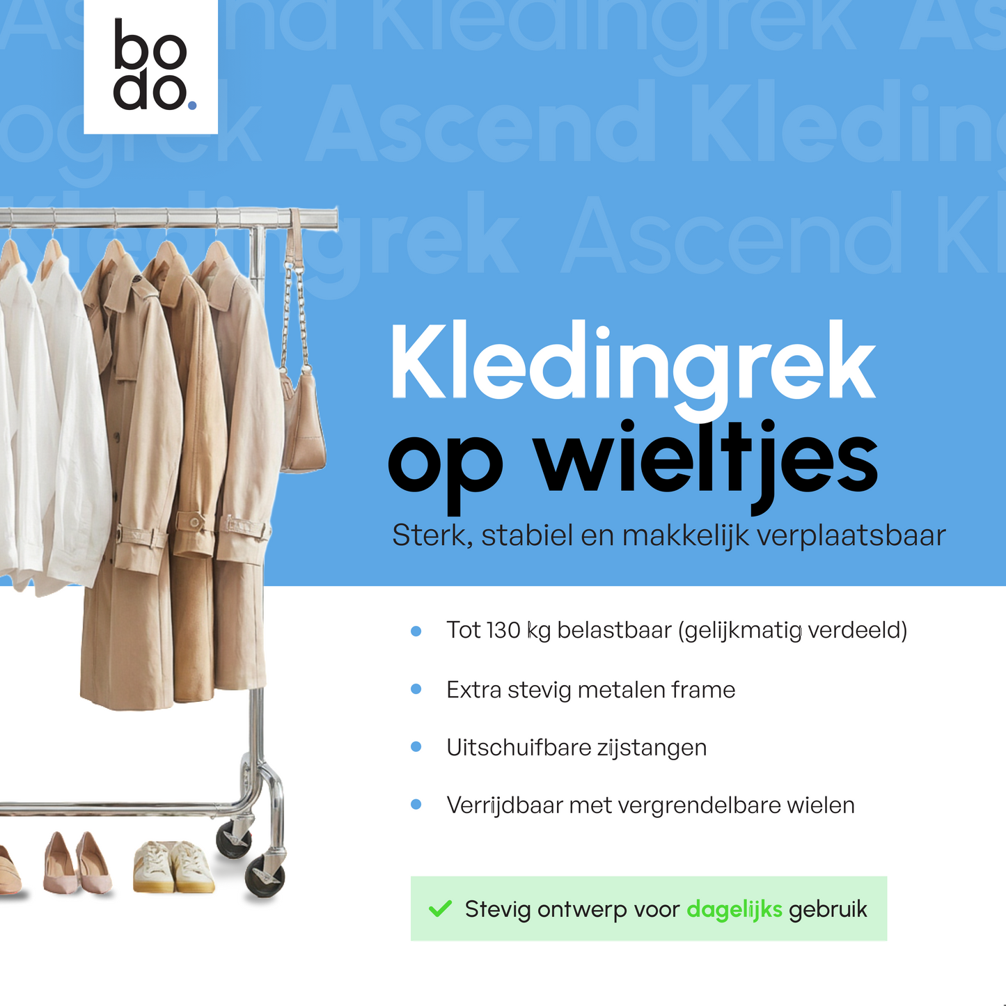 Kledingrek op Wieltjes - Stalen Kledingstang - 130 kg - Zilver - Bodo