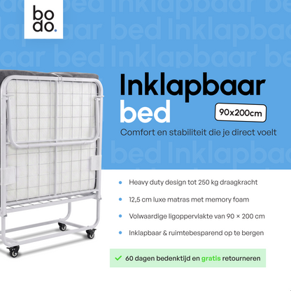Logeerbed 90×200 met Matras - Vouwbed - Luxe - tot 250 kg - Wit - Bodo